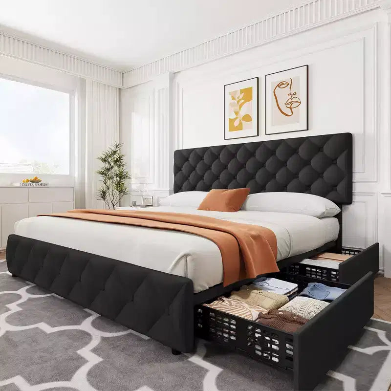 Struttura letto matrimoniale con 4 cassetti contenitore e testiera, base imbottita in lino con supporto a doghe in legno, non necessita di rete a molle