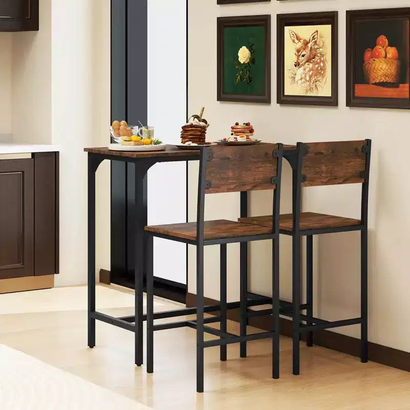 Set 3 pz Tavolo da Bar & 2 Sgabelli da Bar con Schienale & Poggiapiedi Grigio/Marrone