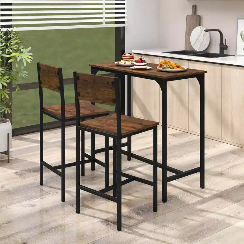 3 PCS Bar Table Set Pub Dining Table & 2 Bar Stools with Backrest & Footrest Gray/Brown