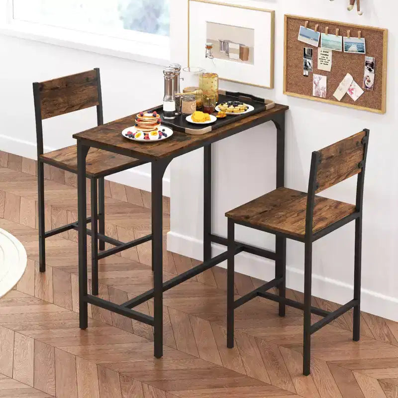 3 PCS Bar Table Set Pub Dining Table & 2 Bar Stools with Backrest & Footrest Gray/Brown