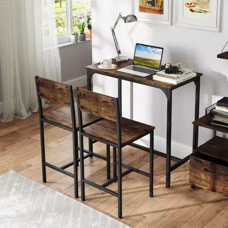 3 PCS Bar Table Set Pub Dining Table & 2 Bar Stools with Backrest & Footrest Gray/Brown