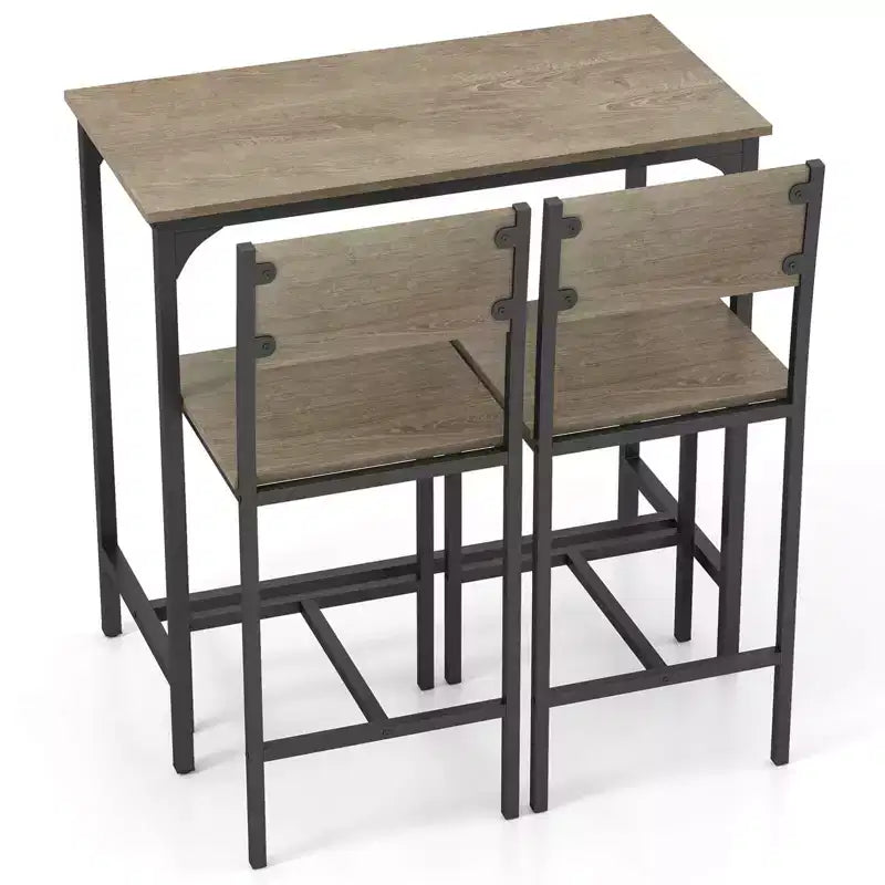 3 PCS Bar Table Set Pub Dining Table & 2 Bar Stools with Backrest & Footrest Gray/Brown