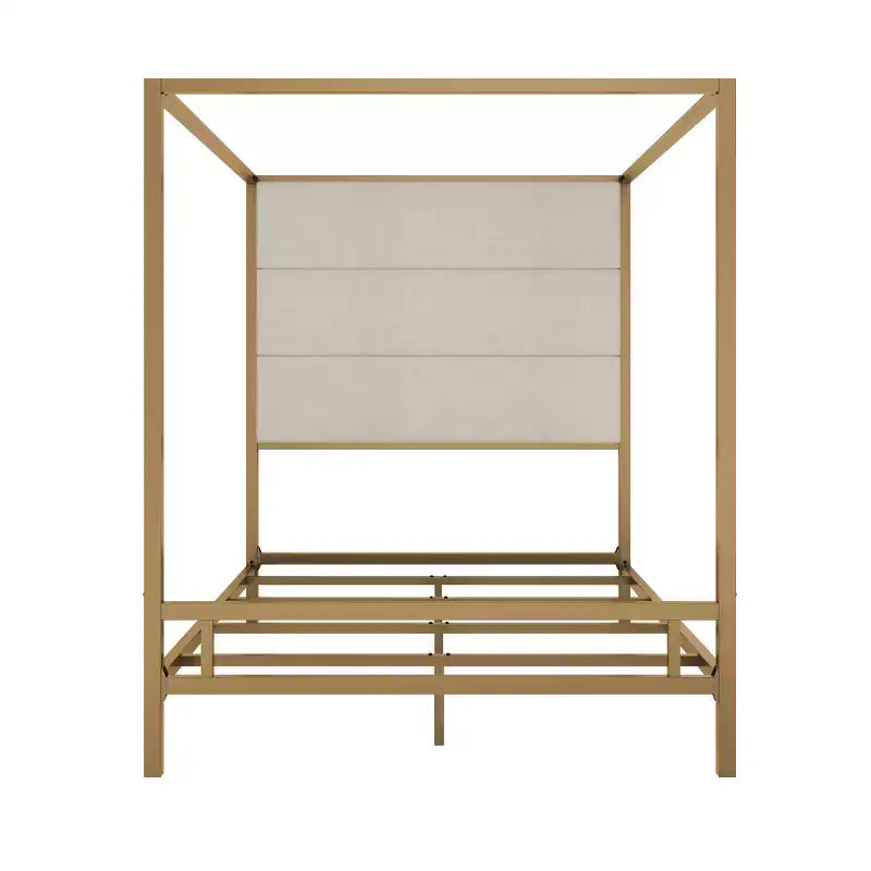 Letto a baldacchino Queen/King Size in metallo con struttura a 4 colonne e testiera alta imbottita in tessuto di lino, necessaria la rete a molle, oro+marrone chiaro/nero+bianco