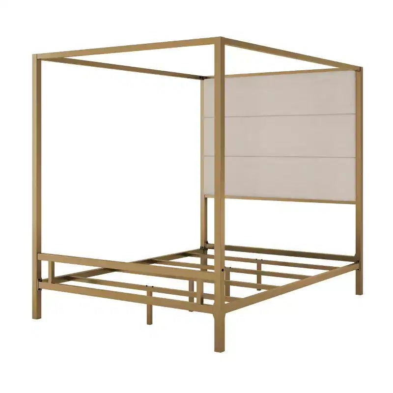 Letto a baldacchino Queen/King Size in metallo con struttura a 4 colonne e testiera alta imbottita in tessuto di lino, necessaria la rete a molle, oro+marrone chiaro/nero+bianco