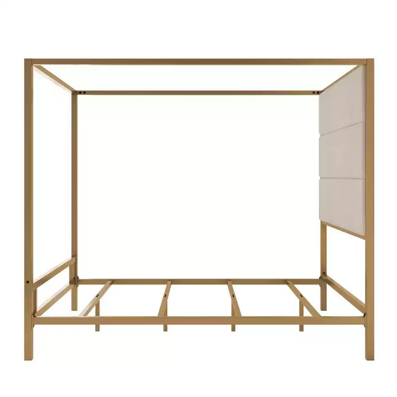 Letto a baldacchino Queen/King Size in metallo con struttura a 4 colonne e testiera alta imbottita in tessuto di lino, necessaria la rete a molle, oro+marrone chiaro/nero+bianco