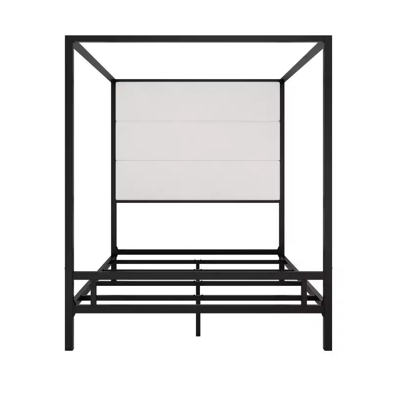 Letto a baldacchino Queen/King Size in metallo con struttura a 4 colonne e testiera alta imbottita in tessuto di lino, necessaria la rete a molle, oro+marrone chiaro/nero+bianco