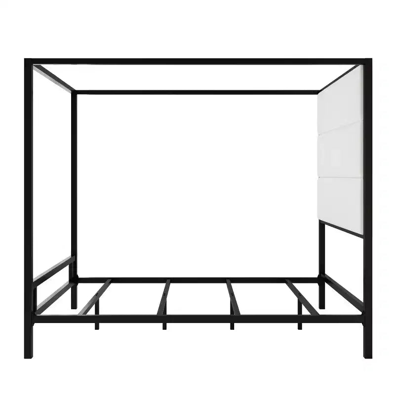 Letto a baldacchino Queen/King Size in metallo con struttura a 4 colonne e testiera alta imbottita in tessuto di lino, necessaria la rete a molle, oro+marrone chiaro/nero+bianco