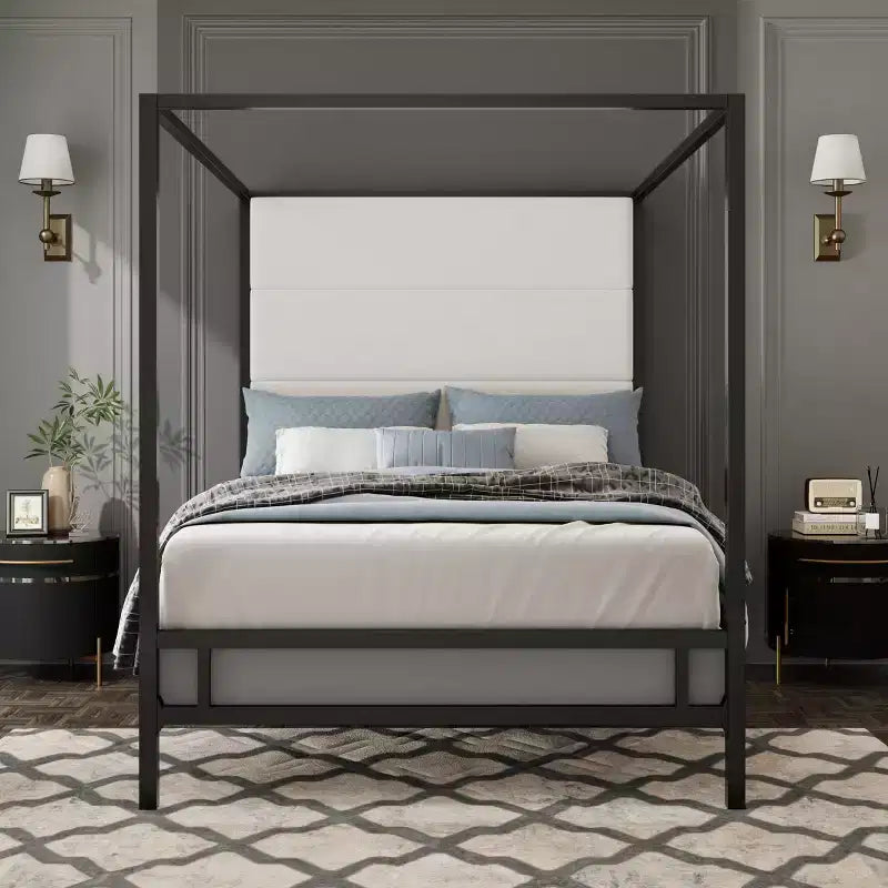Queen/King Size Canopy Bed Metal 4-Poster Bed Frame with Tall Linen Fabric Upholstered Headboard, Box Spring Needed, Gold+Tan/Black+White-ModernLuxe
