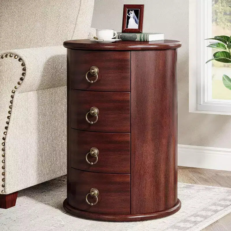 Tavolino completamente assemblato, tavolino rotondo con 4 cassetti per soggiorno o camera da letto