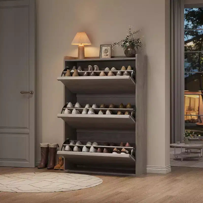 Scarpiera con ante a ribalta, armadietto portascarpe in legno con ripiano regolabile per l'ingresso