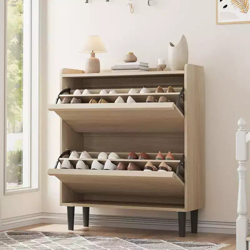 Shoe Cabinet with Flip Drawers, Wooden Shoe Organizer Cabinet with Adjustable Shelf for Entryway