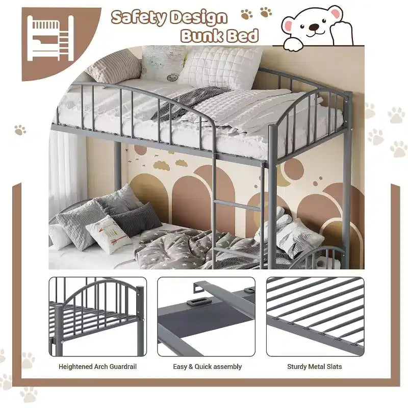 Letto a castello in metallo a due piazze, con ringhiera ad arco e scaletta di sicurezza, design salvaspazio, non è necessario il letto a molle