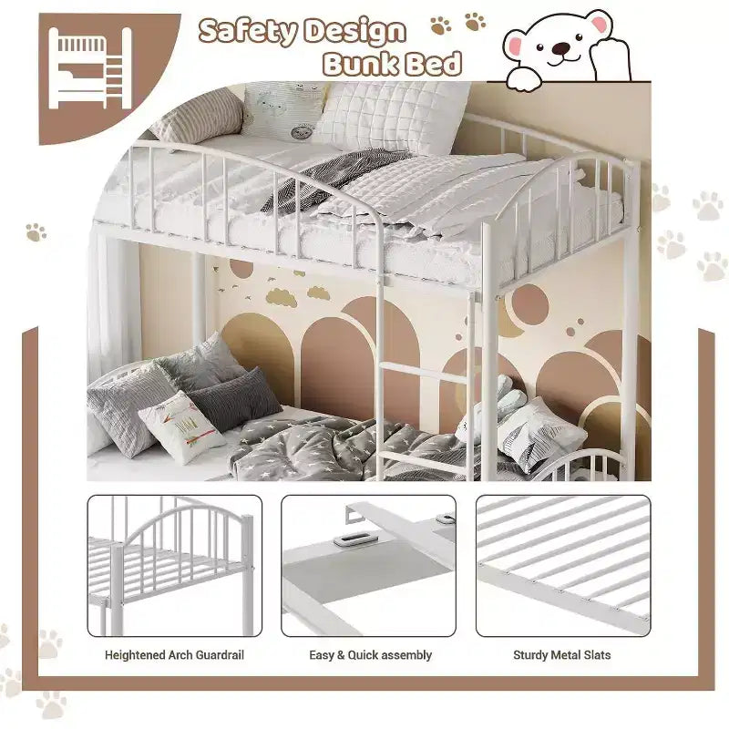 Letto a castello in metallo a due piazze, con ringhiera ad arco e scaletta di sicurezza, design salvaspazio, non è necessario il letto a molle