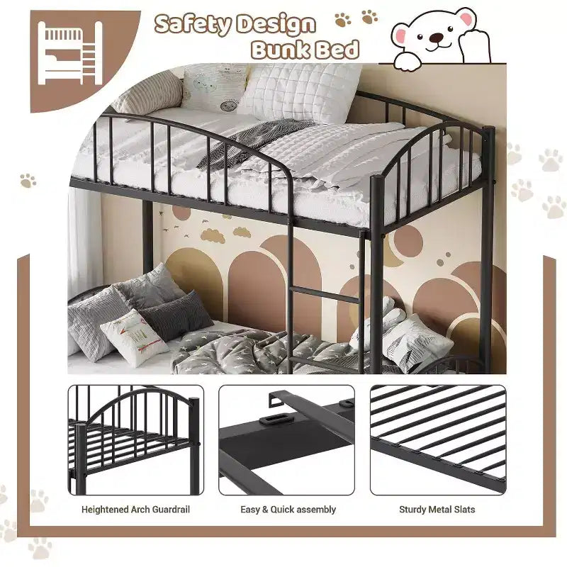 Letto a castello in metallo a due piazze, con ringhiera ad arco e scaletta di sicurezza, design salvaspazio, non è necessario il letto a molle