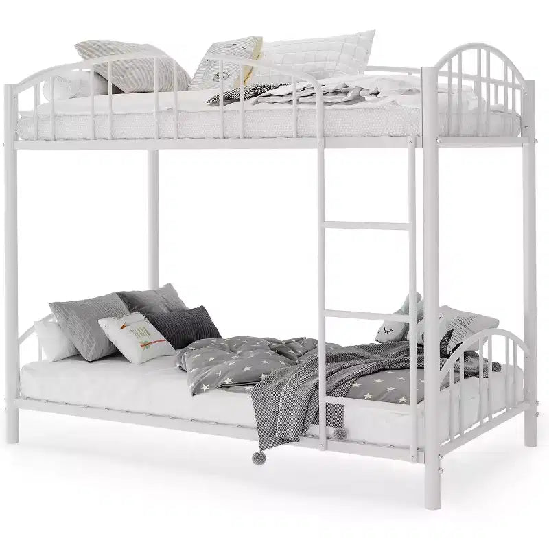 Letto a castello in metallo a due piazze, con ringhiera ad arco e scaletta di sicurezza, design salvaspazio, non è necessario il letto a molle