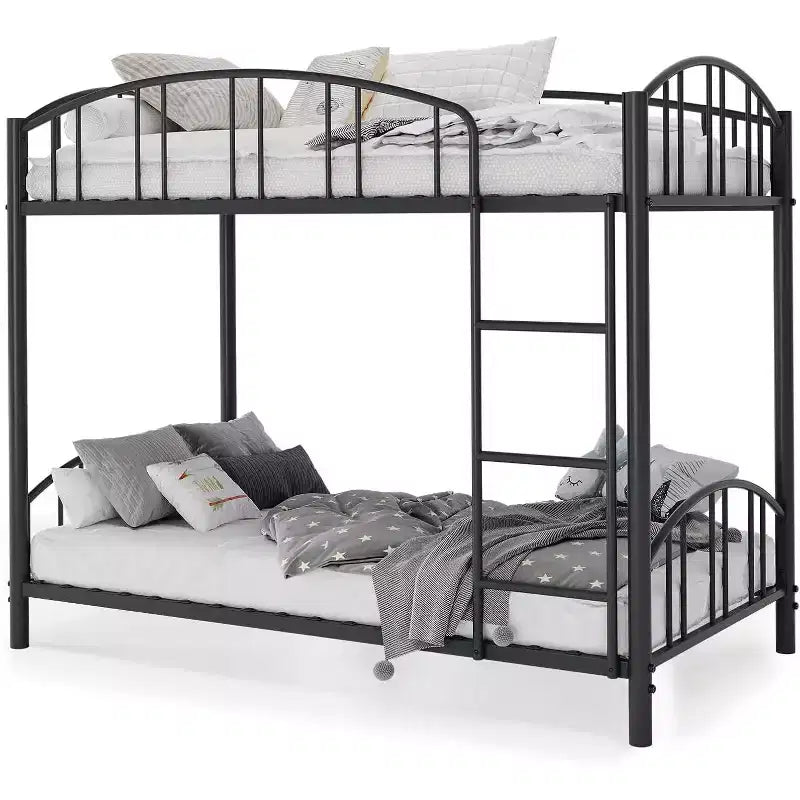Letto a castello in metallo a due piazze, con ringhiera ad arco e scaletta di sicurezza, design salvaspazio, non è necessario il letto a molle
