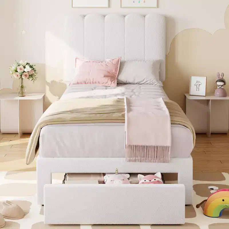 Struttura letto singolo con cassetto contenitore e testiera, struttura letto singolo in velluto imbottito per ragazze, robusto supporto a doghe in legno