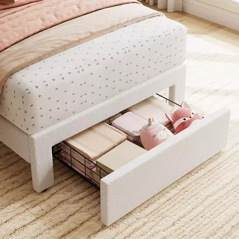 Struttura letto singolo con cassetto contenitore e testiera, struttura letto singolo in velluto imbottito per ragazze, robusto supporto a doghe in legno