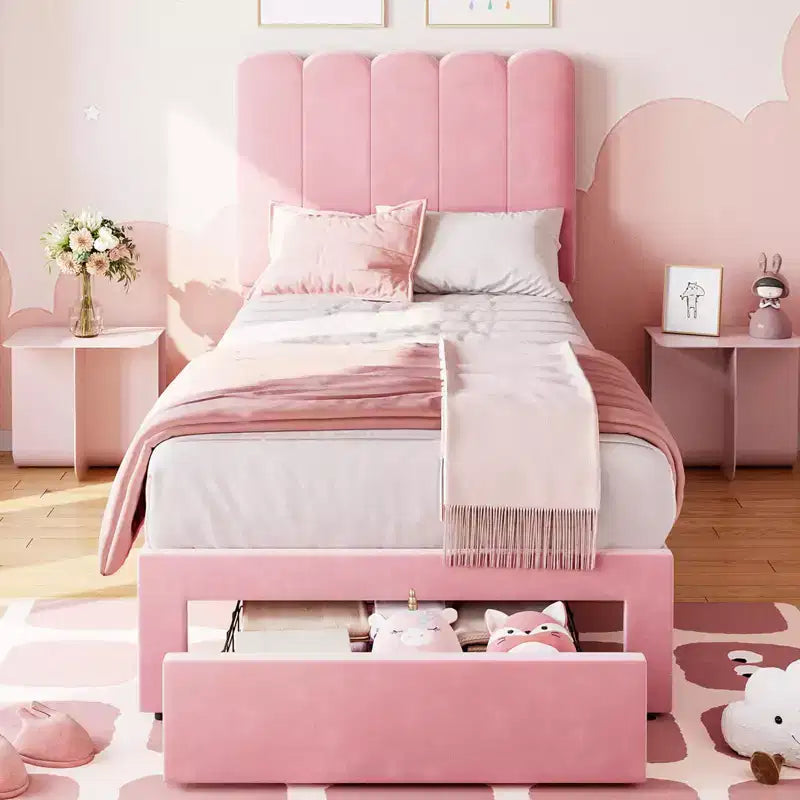 Struttura letto singolo con cassetto contenitore e testiera, struttura letto singolo in velluto imbottito per ragazze, robusto supporto a doghe in legno