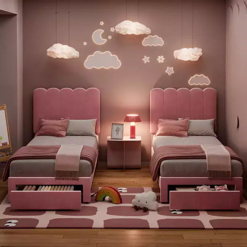 Struttura letto singolo con cassetto contenitore e testiera, struttura letto singolo in velluto imbottito per ragazze, robusto supporto a doghe in legno