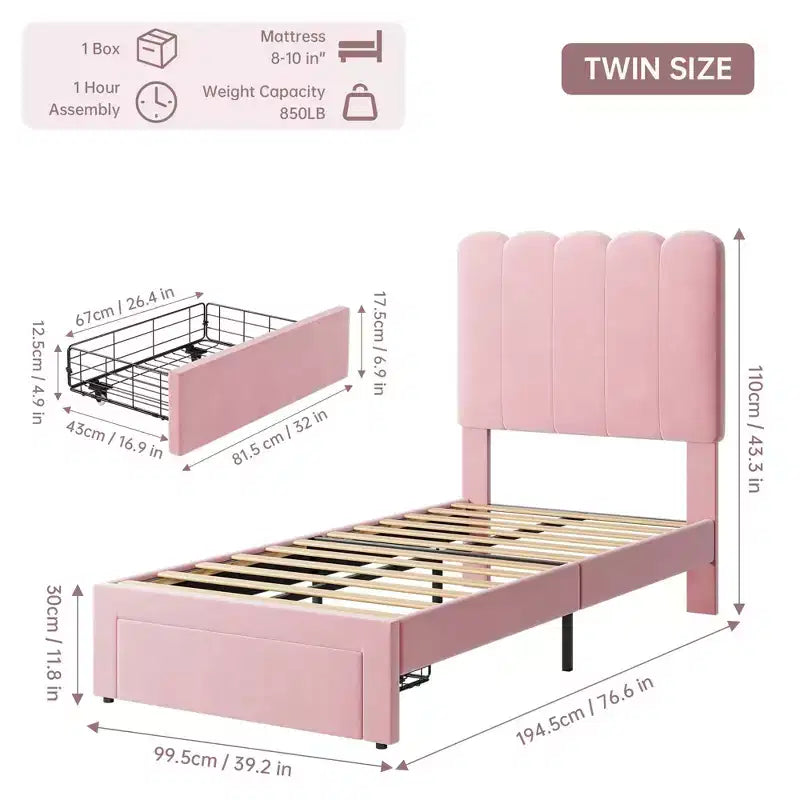 Struttura letto singolo con cassetto contenitore e testiera, struttura letto singolo in velluto imbottito per ragazze, robusto supporto a doghe in legno
