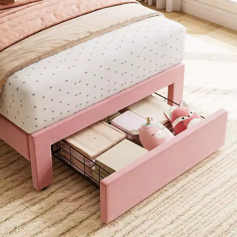 Struttura letto singolo con cassetto contenitore e testiera, struttura letto singolo in velluto imbottito per ragazze, robusto supporto a doghe in legno