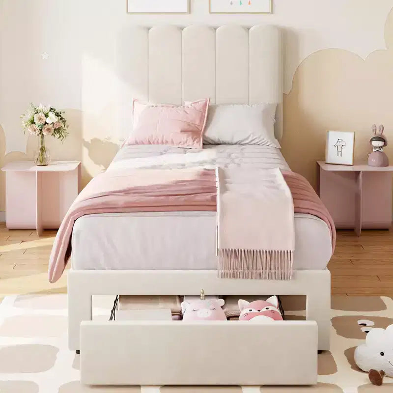 Struttura letto singolo con cassetto contenitore e testiera, struttura letto singolo in velluto imbottito per ragazze, robusto supporto a doghe in legno