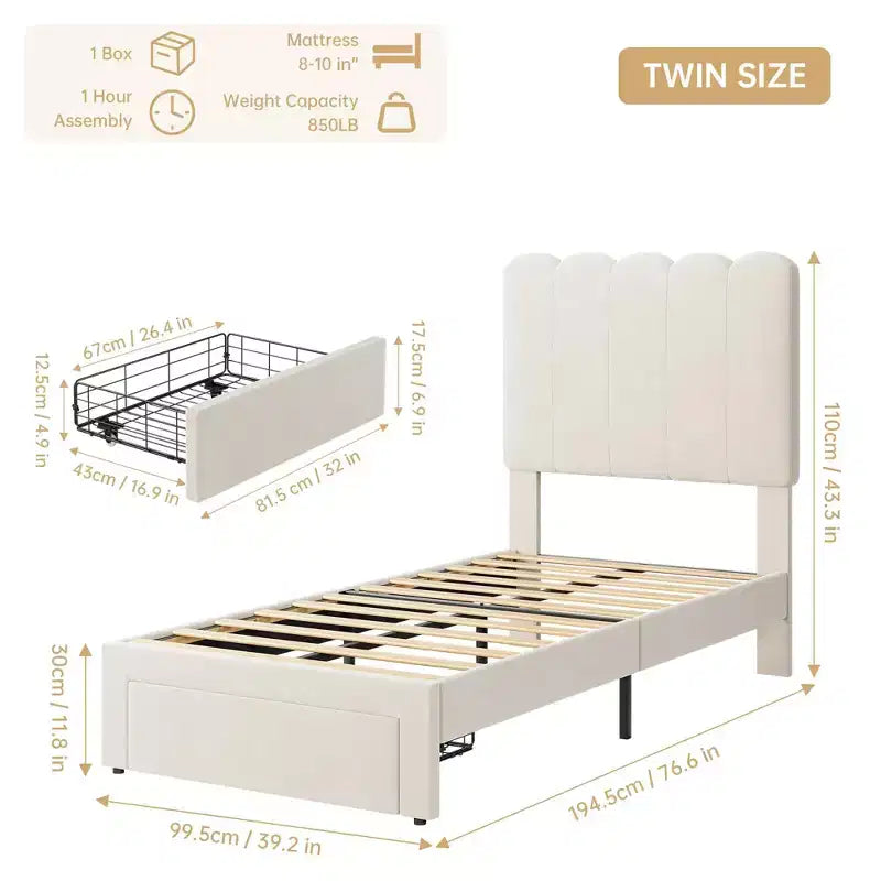Struttura letto singolo con cassetto contenitore e testiera, struttura letto singolo in velluto imbottito per ragazze, robusto supporto a doghe in legno