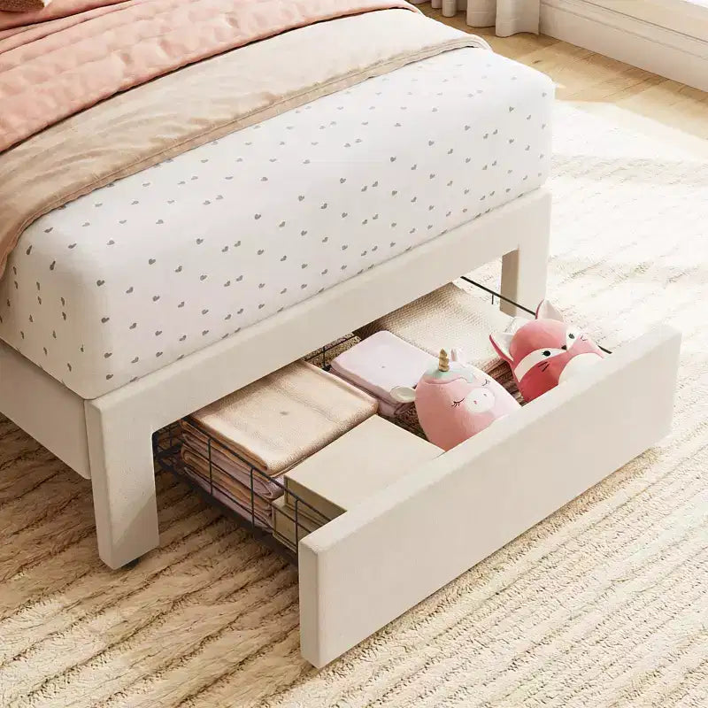 Struttura letto singolo con cassetto contenitore e testiera, struttura letto singolo in velluto imbottito per ragazze, robusto supporto a doghe in legno