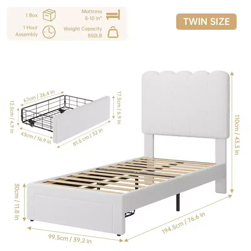 Struttura letto singolo con cassetto contenitore e testiera, struttura letto singolo in velluto imbottito per ragazze, robusto supporto a doghe in legno