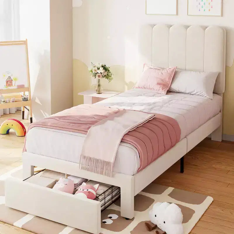 Struttura letto singolo con cassetto contenitore e testiera, struttura letto singolo in velluto imbottito per ragazze, robusto supporto a doghe in legno