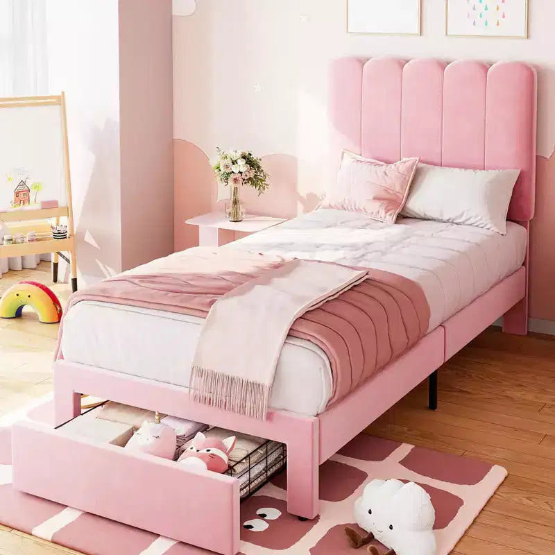 Struttura letto singolo con cassetto contenitore e testiera, struttura letto singolo in velluto imbottito per ragazze, robusto supporto a doghe in legno
