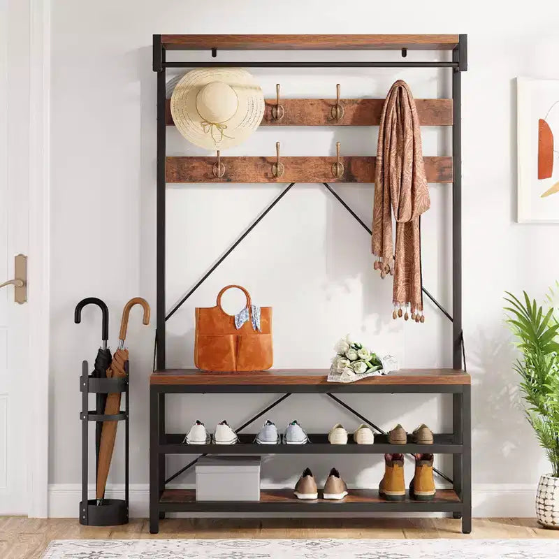Appendiabiti industriale con scarpiera e panca, 101,3 x 39,9 x 182,9 cm, con mensola portaoggetti, 8 ganci, asta appendiabiti - Organizer per ingresso effetto legno