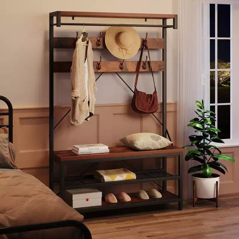 Appendiabiti industriale con scarpiera e panca, 101,3 x 39,9 x 182,9 cm, con mensola portaoggetti, 8 ganci, asta appendiabiti - Organizer per ingresso effetto legno