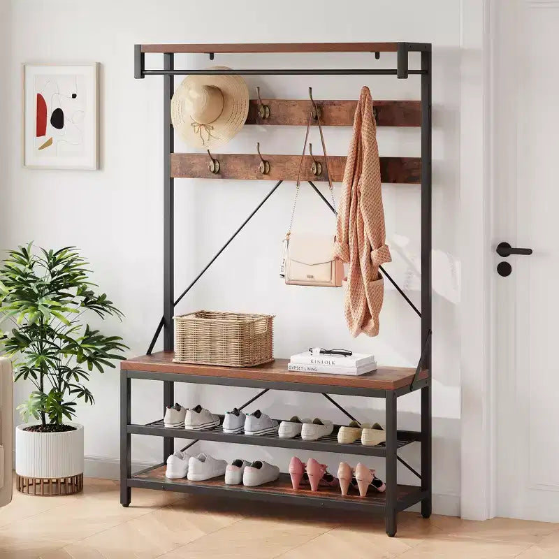 Appendiabiti industriale con scarpiera e panca, 101,3 x 39,9 x 182,9 cm, con mensola portaoggetti, 8 ganci, asta appendiabiti - Organizer per ingresso effetto legno