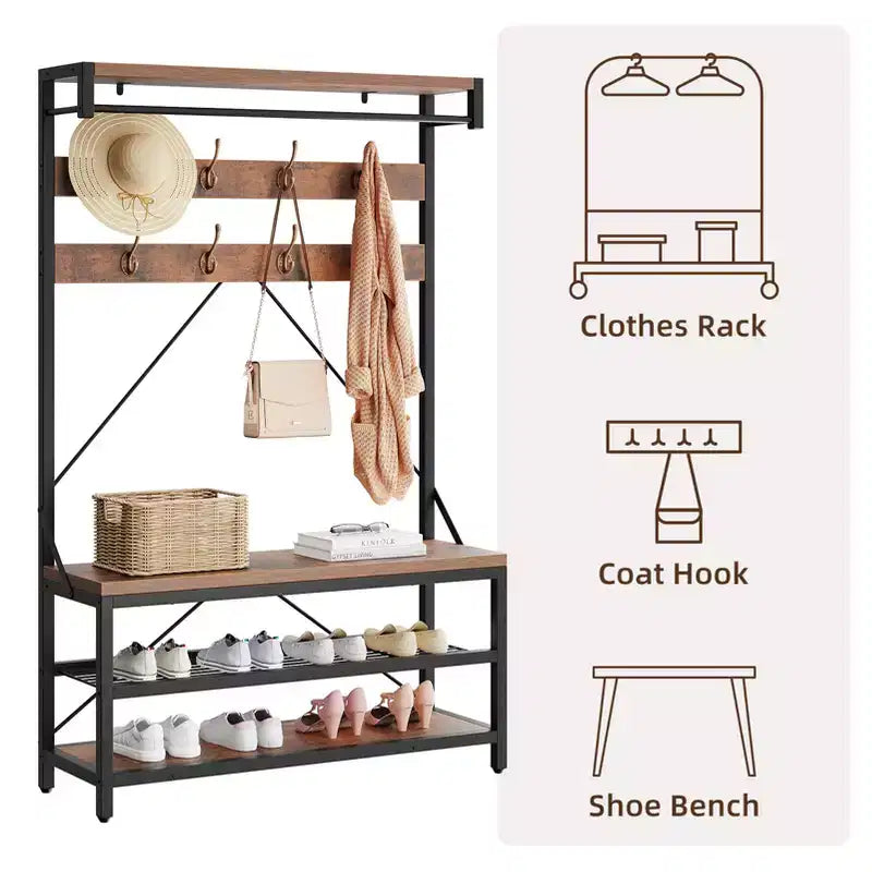 Appendiabiti industriale con scarpiera e panca, 101,3 x 39,9 x 182,9 cm, con mensola portaoggetti, 8 ganci, asta appendiabiti - Organizer per ingresso effetto legno