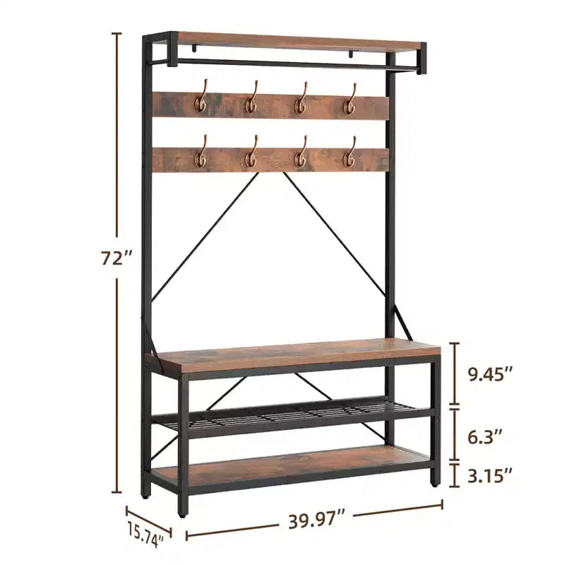 Appendiabiti industriale con scarpiera e panca, 101,3 x 39,9 x 182,9 cm, con mensola portaoggetti, 8 ganci, asta appendiabiti - Organizer per ingresso effetto legno