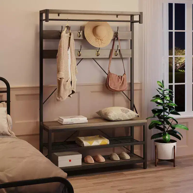 Appendiabiti industriale con scarpiera e panca, 101,3 x 39,9 x 182,9 cm, con mensola portaoggetti, 8 ganci, asta appendiabiti - Organizer per ingresso effetto legno