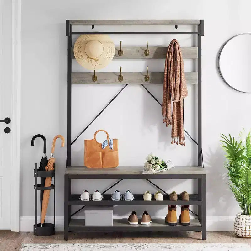 Appendiabiti industriale con scarpiera e panca, 101,3 x 39,9 x 182,9 cm, con mensola portaoggetti, 8 ganci, asta appendiabiti - Organizer per ingresso effetto legno