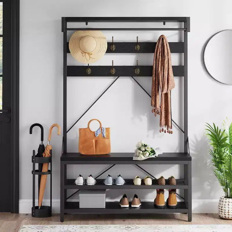 Appendiabiti industriale con scarpiera e panca, 101,3 x 39,9 x 182,9 cm, con mensola portaoggetti, 8 ganci, asta appendiabiti - Organizer per ingresso effetto legno