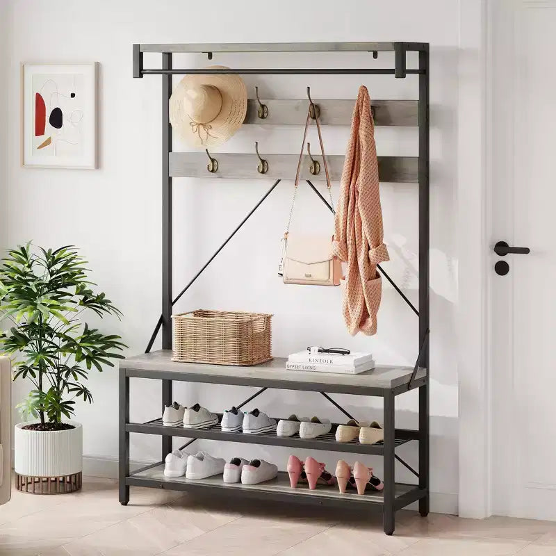 Appendiabiti industriale con scarpiera e panca, 101,3 x 39,9 x 182,9 cm, con mensola portaoggetti, 8 ganci, asta appendiabiti - Organizer per ingresso effetto legno