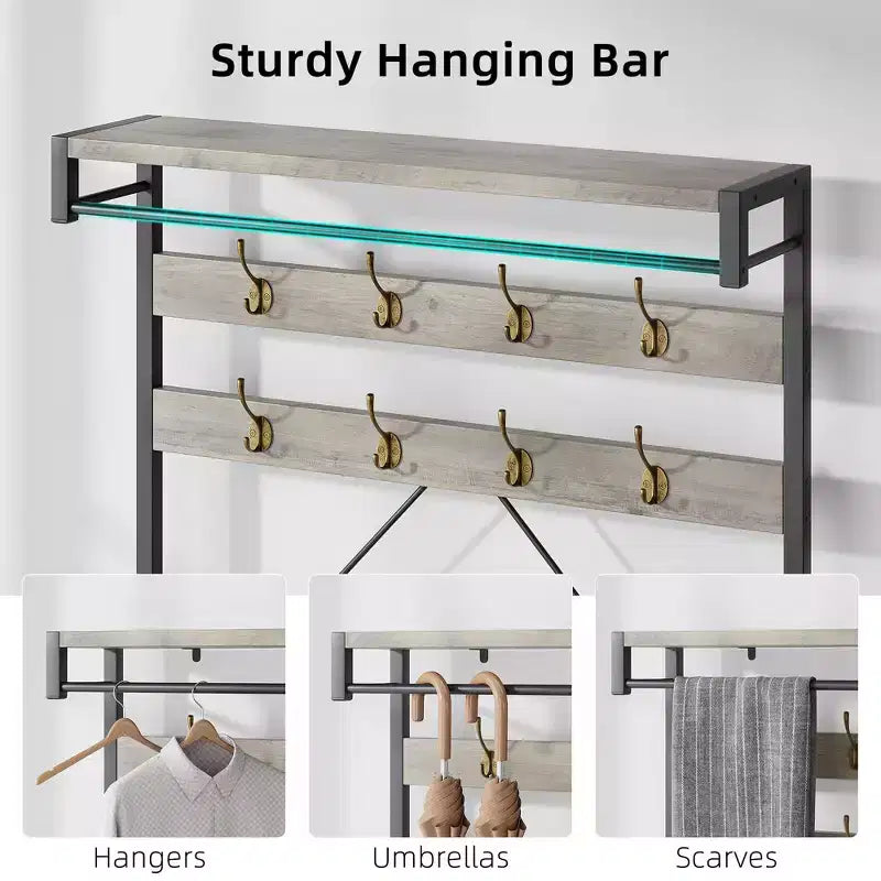 Appendiabiti industriale con scarpiera e panca, 101,3 x 39,9 x 182,9 cm, con mensola portaoggetti, 8 ganci, asta appendiabiti - Organizer per ingresso effetto legno
