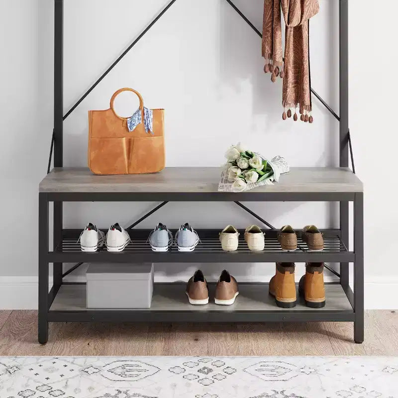 Appendiabiti industriale con scarpiera e panca, 101,3 x 39,9 x 182,9 cm, con mensola portaoggetti, 8 ganci, asta appendiabiti - Organizer per ingresso effetto legno
