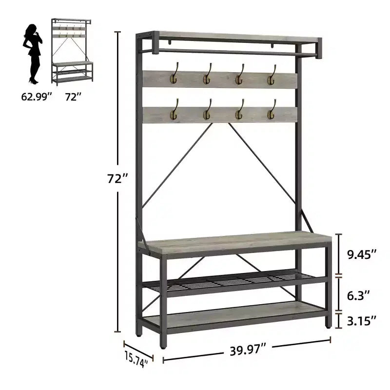 Appendiabiti industriale con scarpiera e panca, 101,3 x 39,9 x 182,9 cm, con mensola portaoggetti, 8 ganci, asta appendiabiti - Organizer per ingresso effetto legno