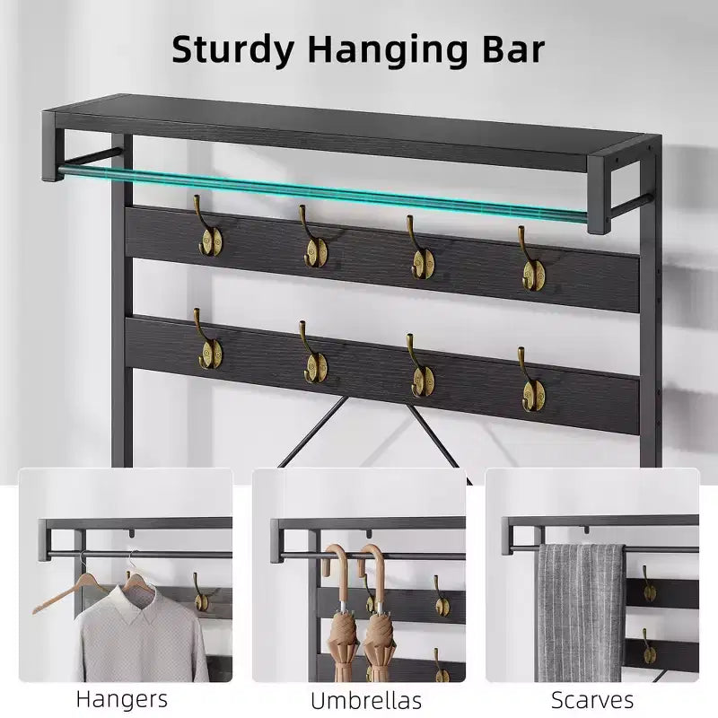 Appendiabiti industriale con scarpiera e panca, 101,3 x 39,9 x 182,9 cm, con mensola portaoggetti, 8 ganci, asta appendiabiti - Organizer per ingresso effetto legno