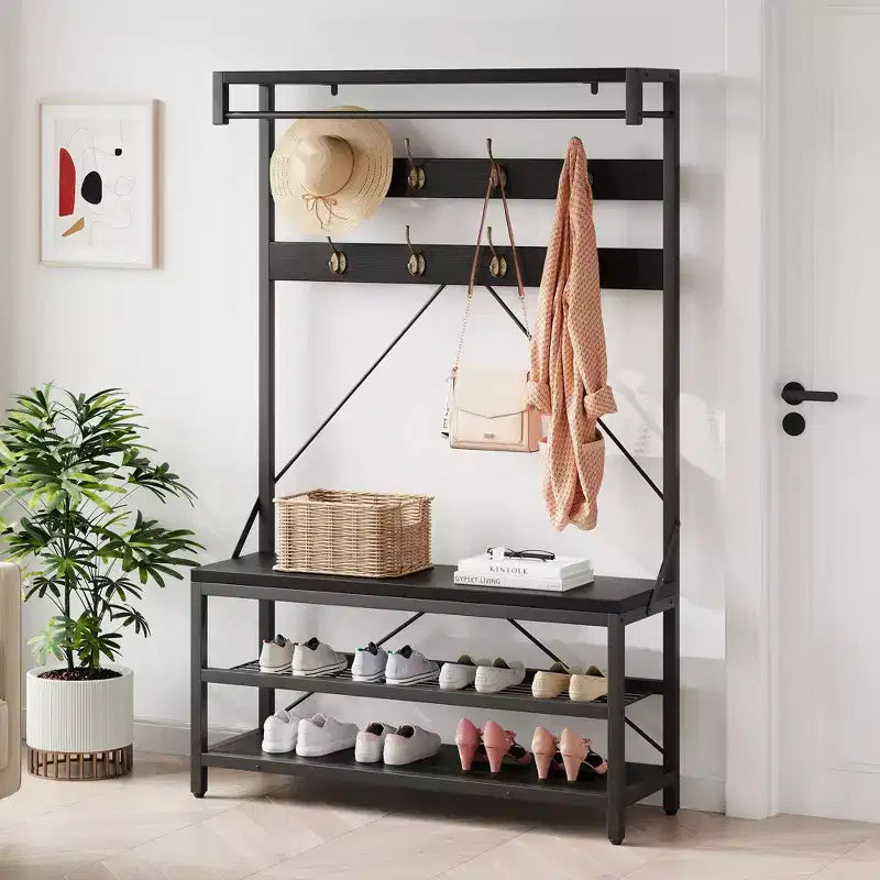 Appendiabiti industriale con scarpiera e panca, 101,3 x 39,9 x 182,9 cm, con mensola portaoggetti, 8 ganci, asta appendiabiti - Organizer per ingresso effetto legno