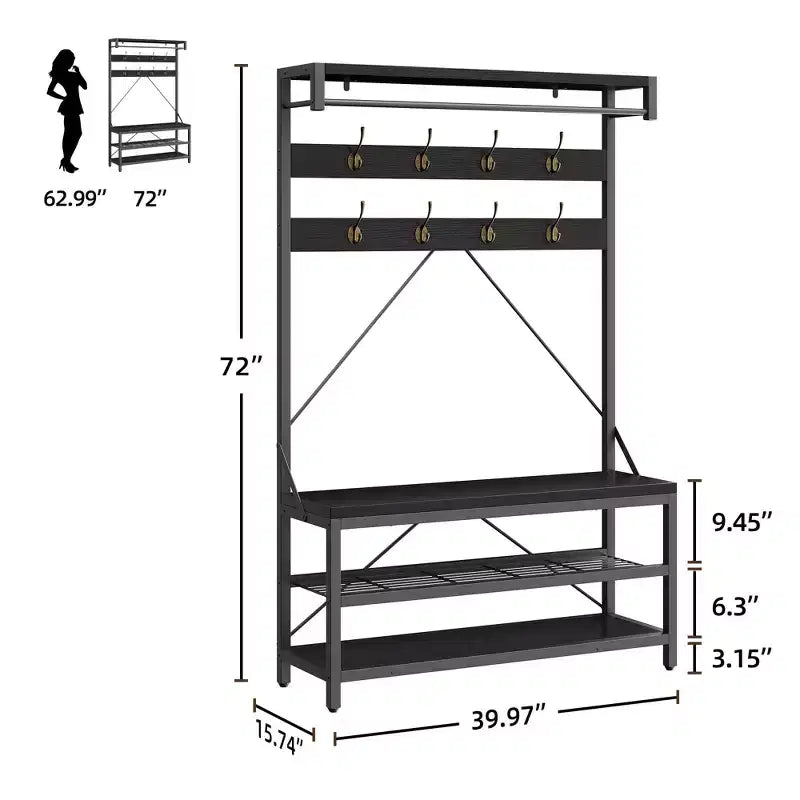 Appendiabiti industriale con scarpiera e panca, 101,3 x 39,9 x 182,9 cm, con mensola portaoggetti, 8 ganci, asta appendiabiti - Organizer per ingresso effetto legno