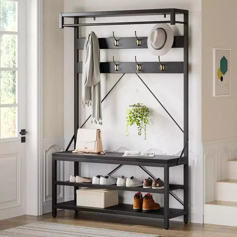 39.9''x15.7''x72'' Industrial Hall Tree Coat Rack & Shoe Bench with Storage Shelf, 8 Hooks, Hanging Bar - Wood Look Entryway Organizer
