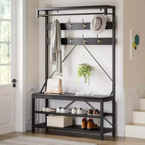 39.9''x15.7''x72'' Industrial Hall Tree Coat Rack & Shoe Bench with Storage Shelf, 8 Hooks, Hanging Bar - Wood Look Entryway Organizer