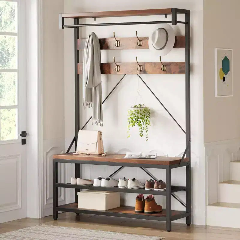 Appendiabiti industriale con scarpiera e panca, 101,3 x 39,9 x 182,9 cm, con mensola portaoggetti, 8 ganci, asta appendiabiti - Organizer per ingresso effetto legno